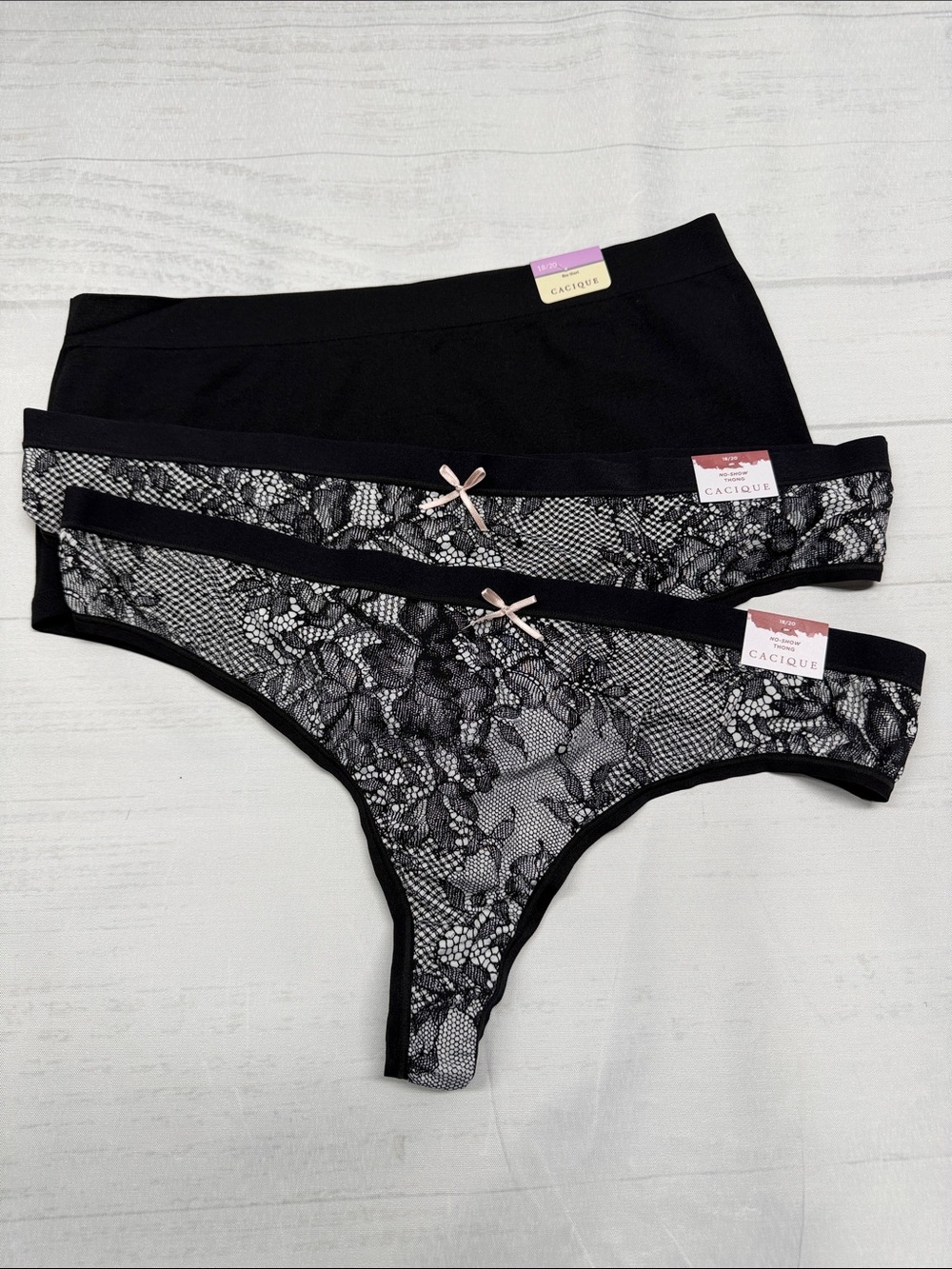 Cacique NWT 3 Pair Panties Black Boy Short and Black and White No Show Thongs